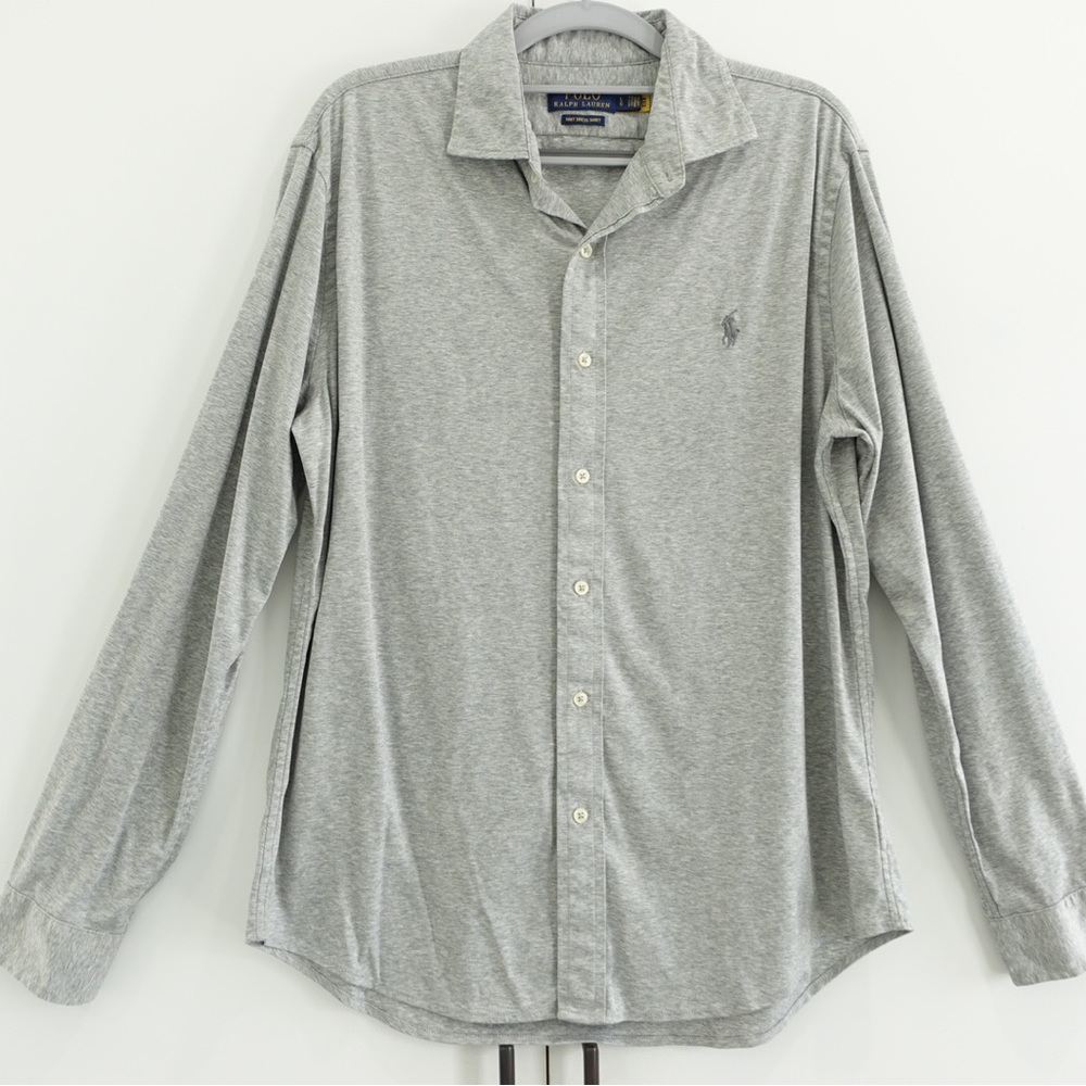 Polo Ralph Lauren Knit Dress Shirt Heather Grey Button Front Preppy Sz Large